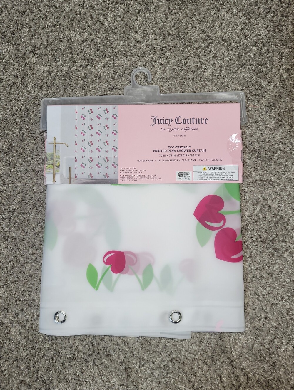 Juicy Couture Shower Curtain Cherry Print JC Monogram Logo 70x72 Waterproof Y2K
